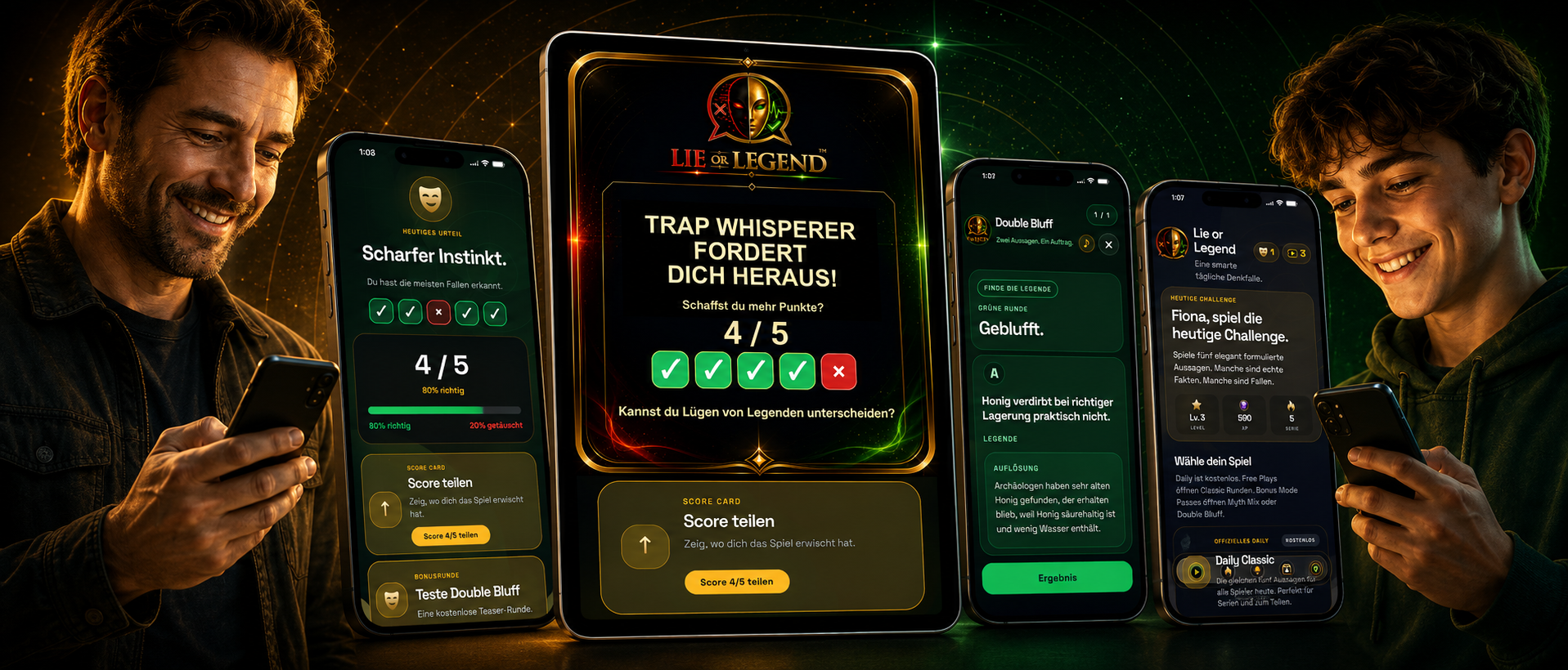Lie or Legend Quizspiel Visual mit App Screens für iPhone, iPad, Android Smartphones und Tablets
