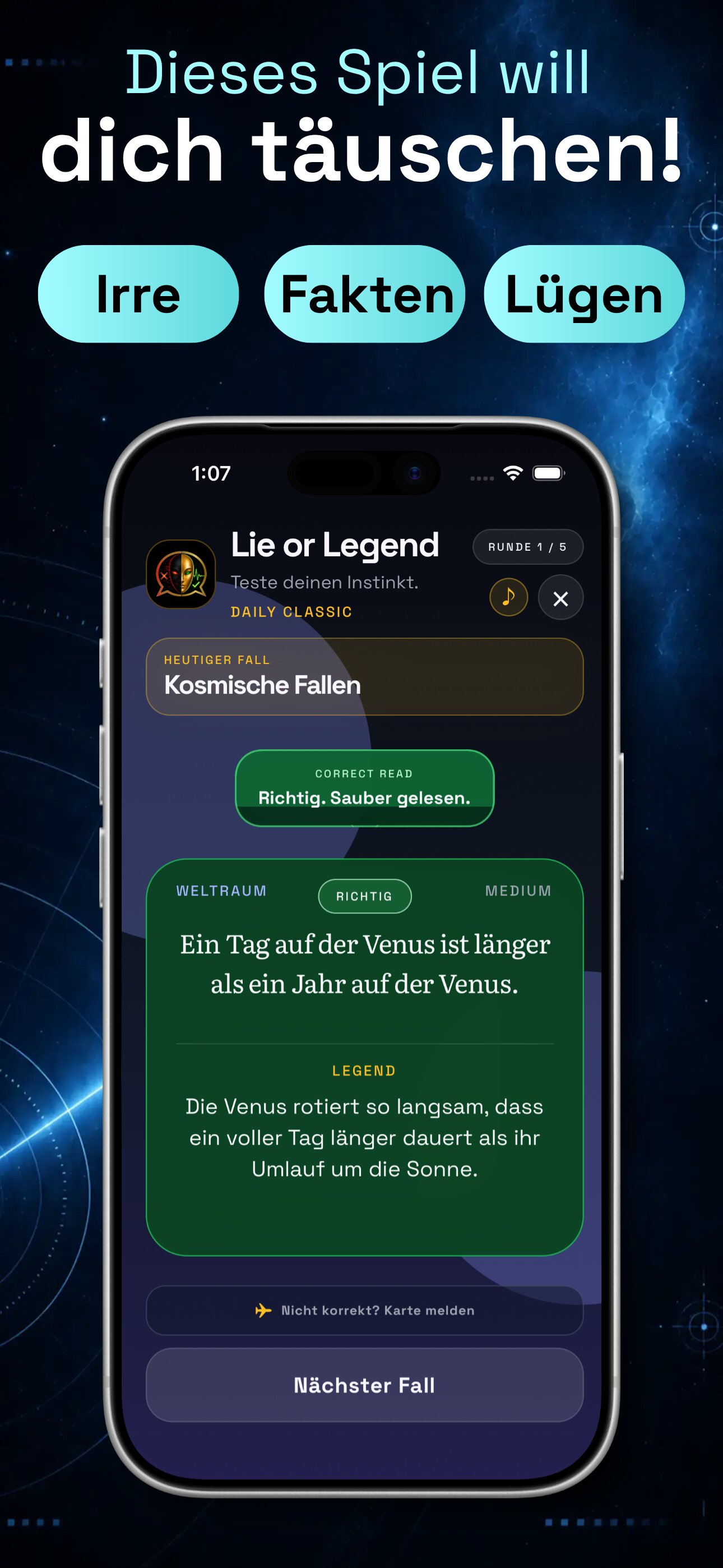 Lie or Legend tägliches Quizspiel Screenshot für iPhone, iPad, Android Smartphones und Tablets