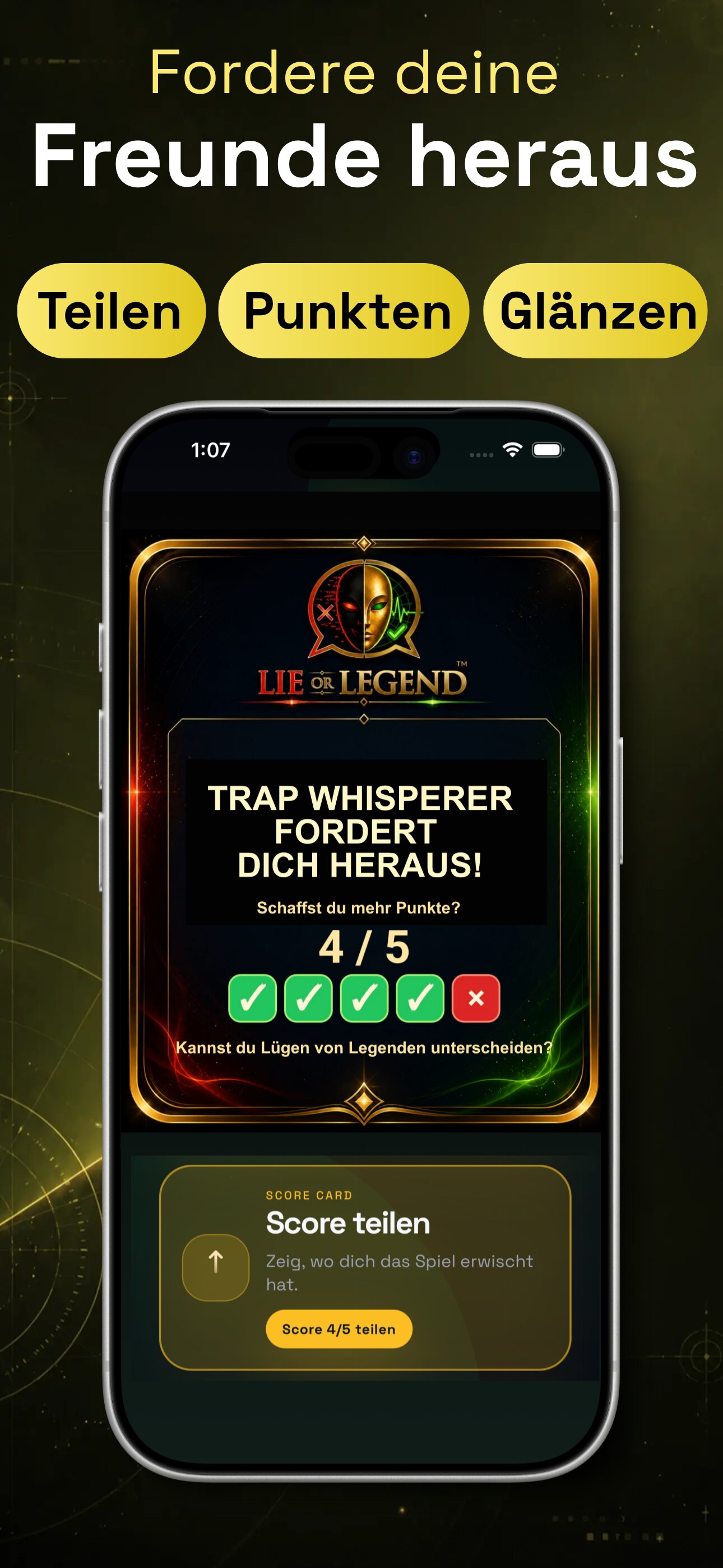 Lie or Legend tägliches Quizspiel Screenshot für iPhone, iPad, Android Smartphones und Tablets