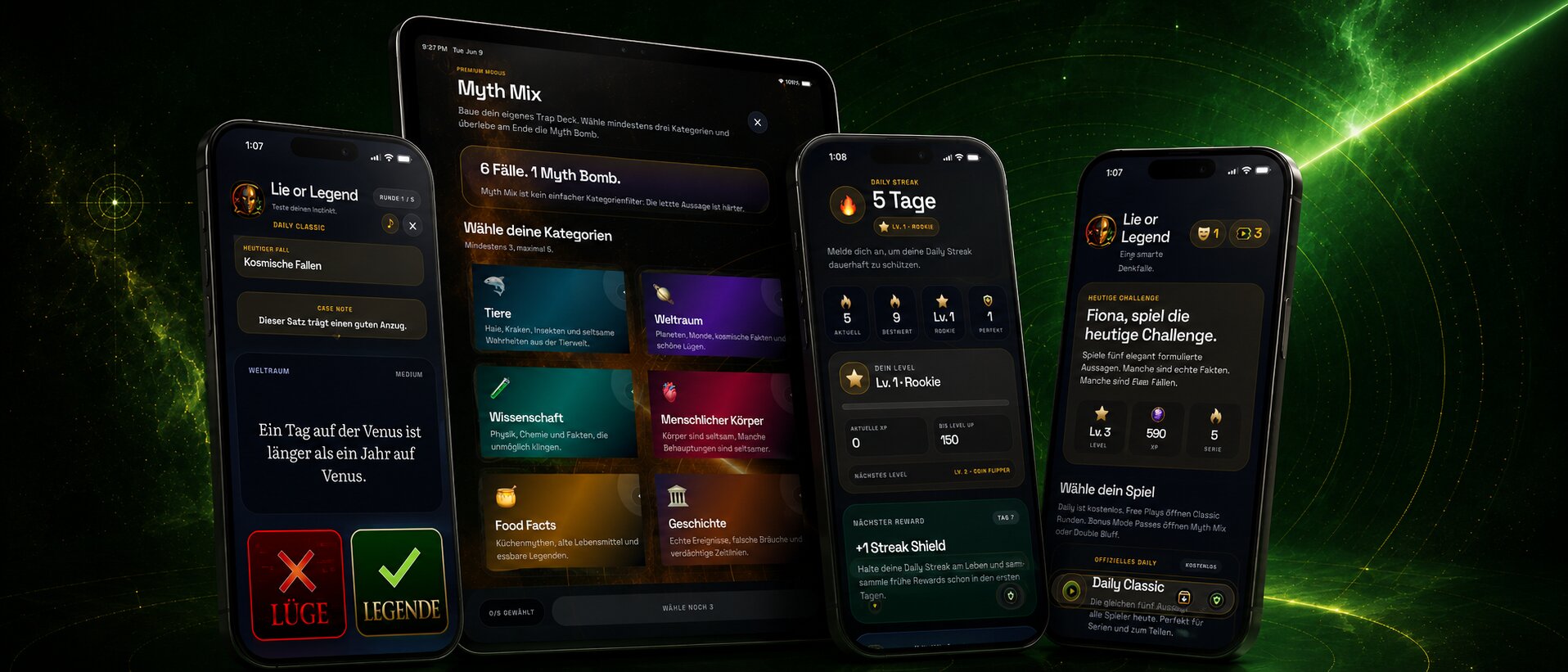 Lie or Legend tägliches Quizspiel Hero Bild mit App Screens und Radar Hintergrund