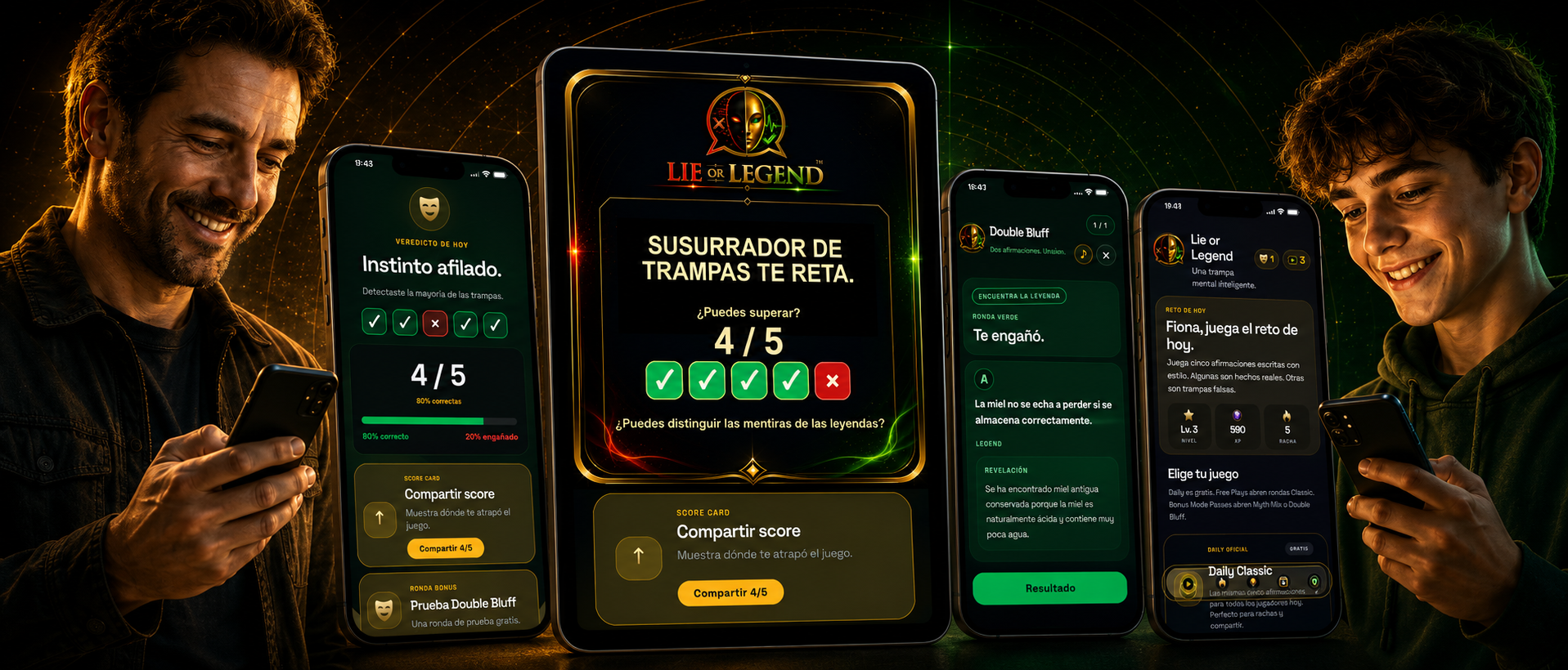 Visual de Lie or Legend juego de trivia con pantallas para iPhone, iPad, teléfonos Android y tablets