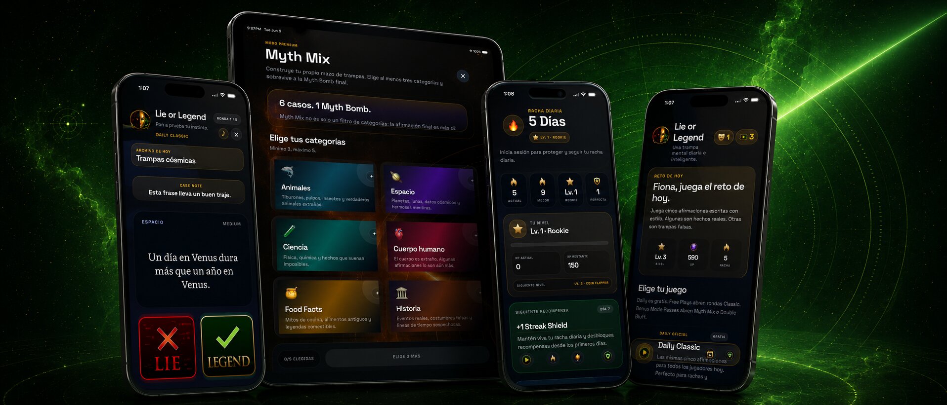 Imagen principal de Lie or Legend juego diario de trivia con pantallas de la app y fondo radar